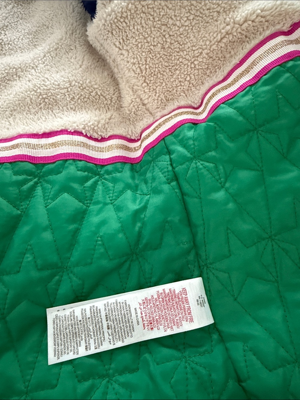 Mini Boden Bright Multicolor Striped Hooded Puffer Coat with Faux Fur Trim - Picture 3 of 7